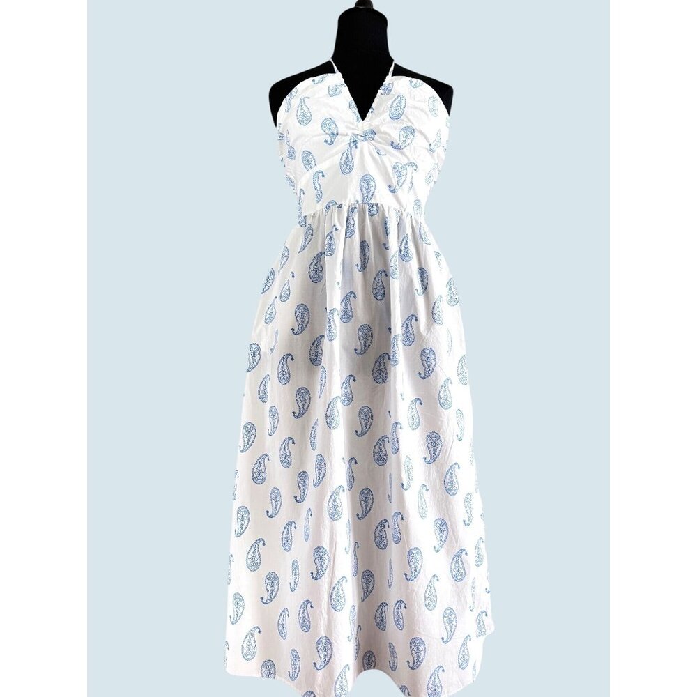 size XL Universal Thread white halter tie dress blue paisley print Summer sleeve